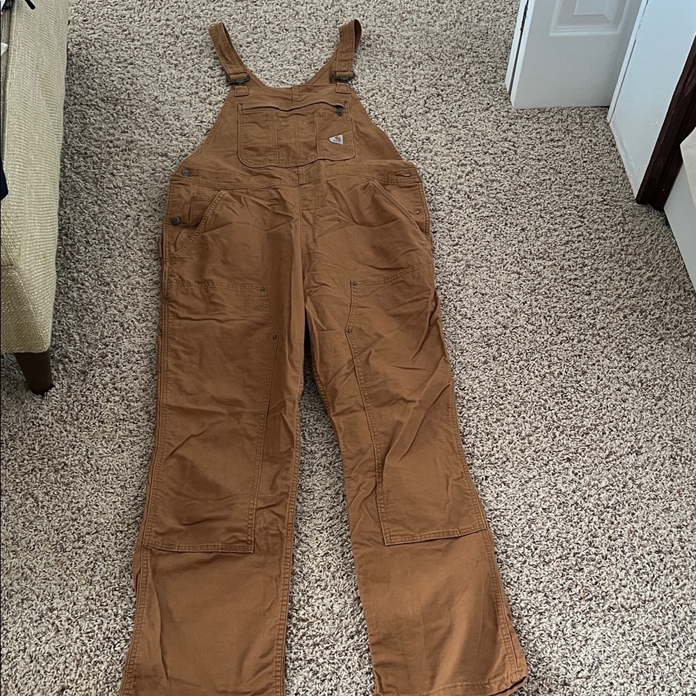 Carhartt Women’s canvas overalls, large 12/14 tall, camel/tan